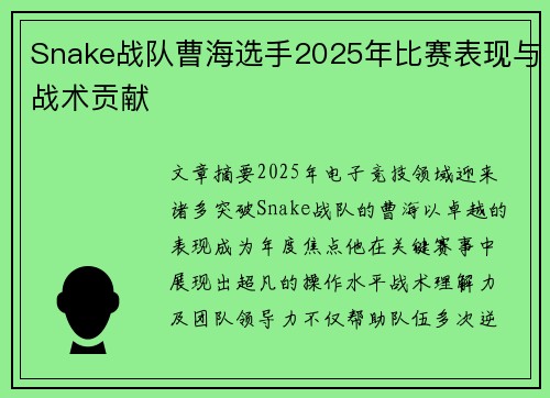 Snake战队曹海选手2025年比赛表现与战术贡献
