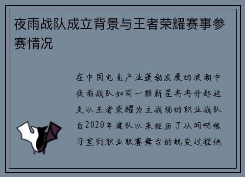 夜雨战队成立背景与王者荣耀赛事参赛情况