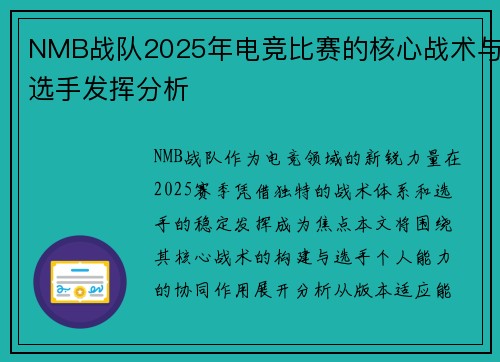 NMB战队2025年电竞比赛的核心战术与选手发挥分析